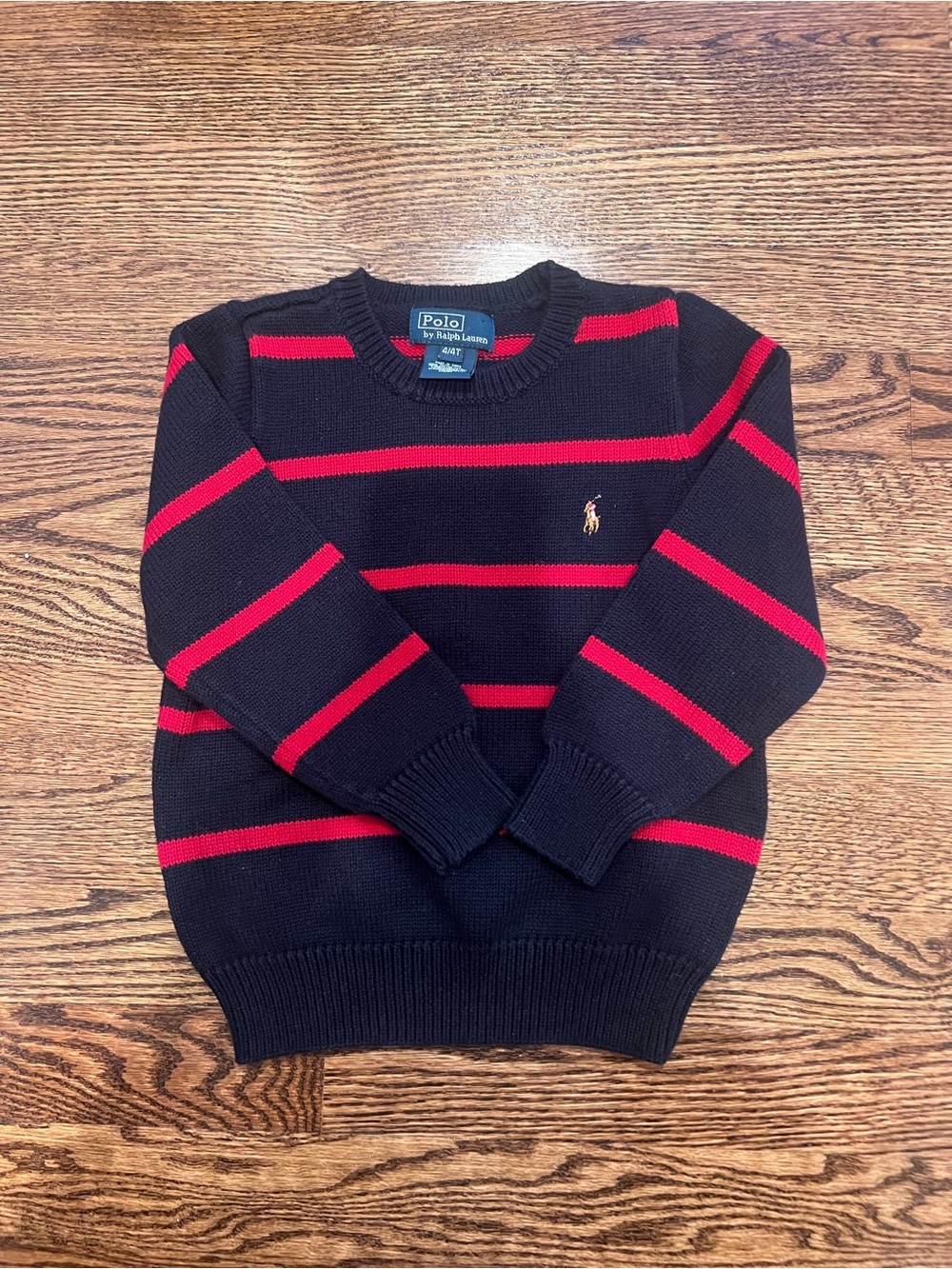 Kids Polo by Ralph Lauren Navy Crewneck Sweater with Red Stripes